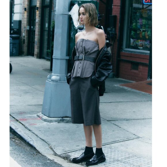 BLOGGER'S FAVE! Zara Belted Strapless Top Gray NWT - Picture 10 of 15